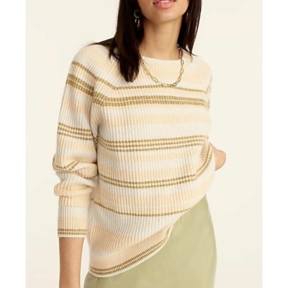 J‎ Crew 100% Cashmere Striped Crewneck Sweater Size S Peach Gold White